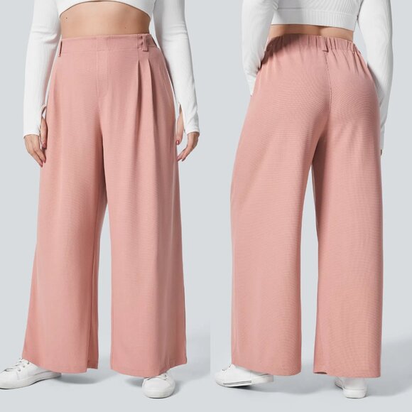 Halara Flex High Waisted Wide Leg Pocket Waffle Work Pants L Petite Rose Tan - Picture 1 of 15